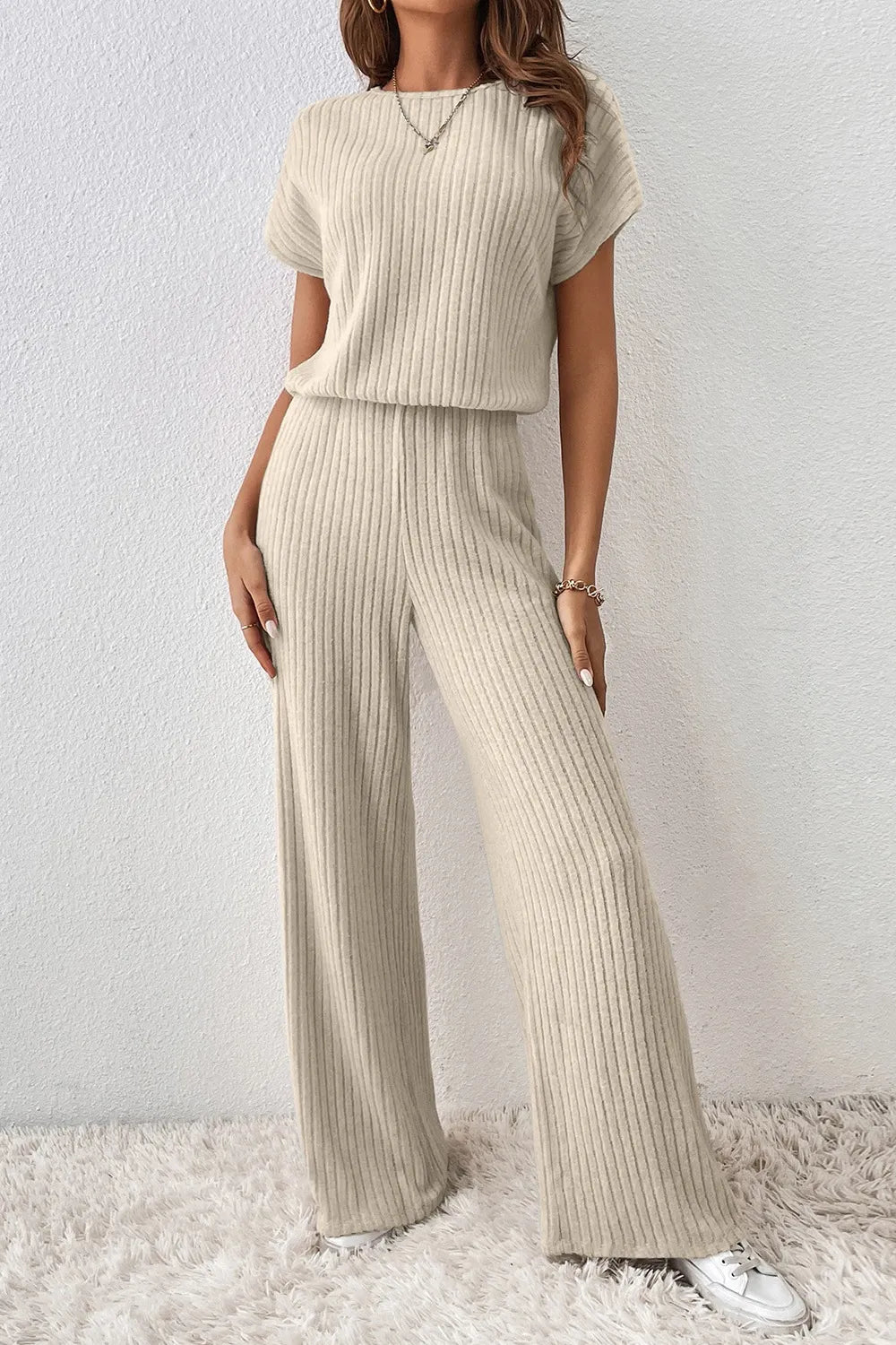 Ribbed Knit Wide Leg Jumpsuit Beige