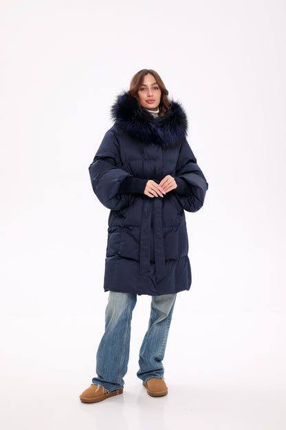 Genuine Fox Fur Trim Down Coat in Royal Blue