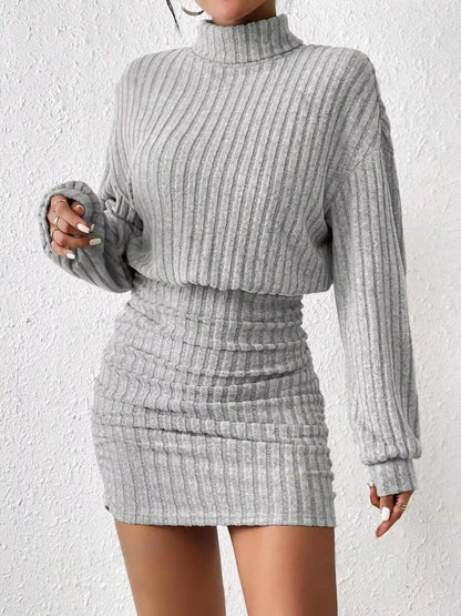Ribbed Turtleneck Long Sleeve Sweater Dress Light Gray
