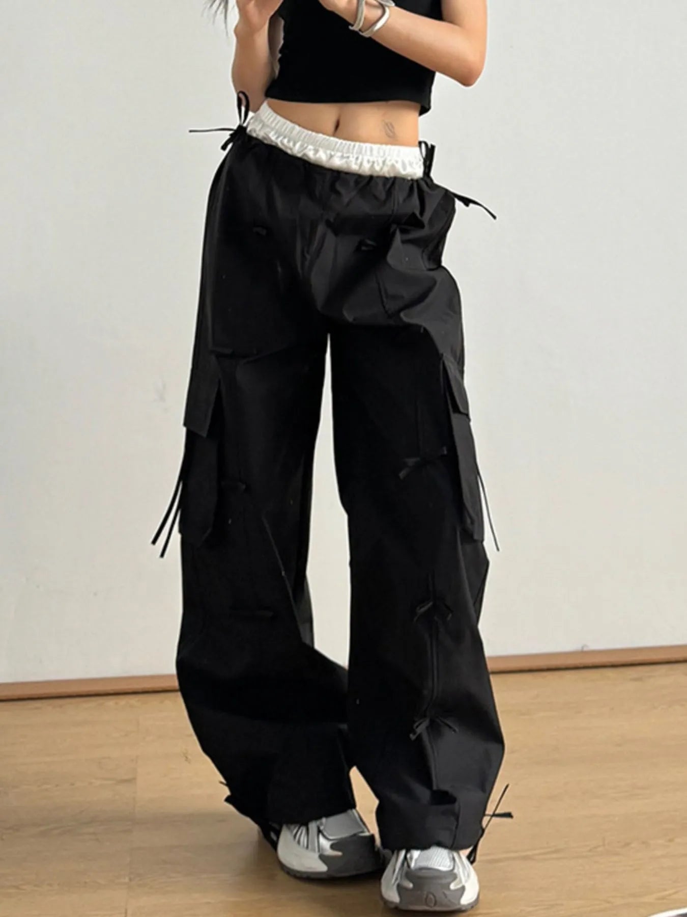 Bow Elastic Waist Cargo Pants Black