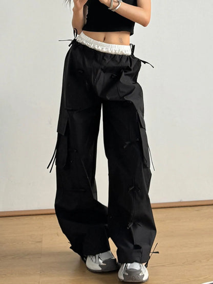 Bow Elastic Waist Cargo Pants Black