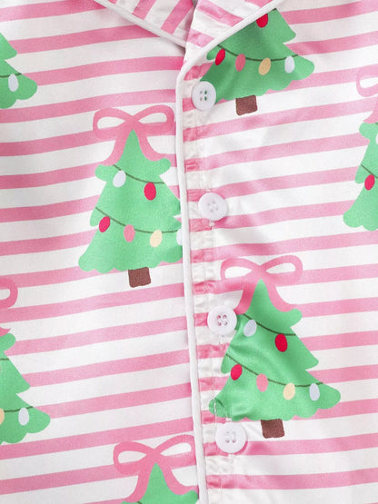 Children's Christmas Tree Print Fluffy Cuff Pajama Set