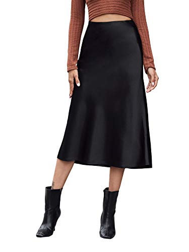Cream Satin Skirt Outfit - Verdusa Womens Elegant High Waist Satin A Line Flared Midi Skirt Matte Black