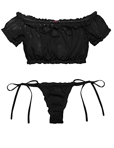 Avidlove Bra and Panty Set Ruffle Lingerie Set Mesh Babydoll Chemise Black