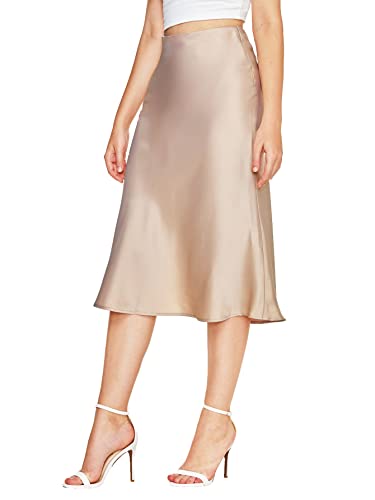 Cream Satin Skirt Outfit - Verdusa Womens Elegant High Waist Satin A Line Flared Midi Skirt