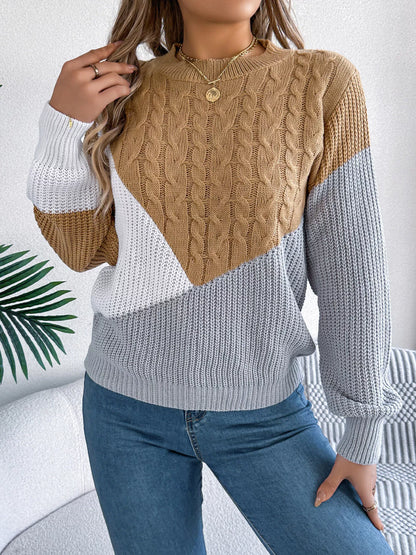 Color Block Cable Knit Long Sleeve Sweater