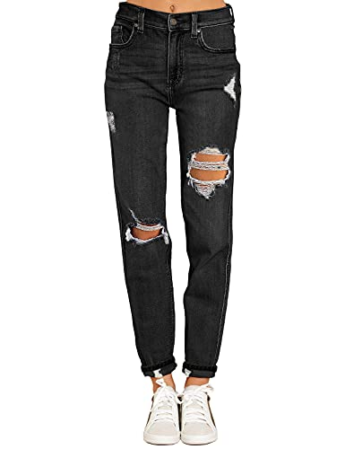 Mom Jeans - luvamia Boyfriend Jeans for Women Stretch High Waisted Ripped Distressed Mom Jeans Slim Denim Pants A1 Black Pepper