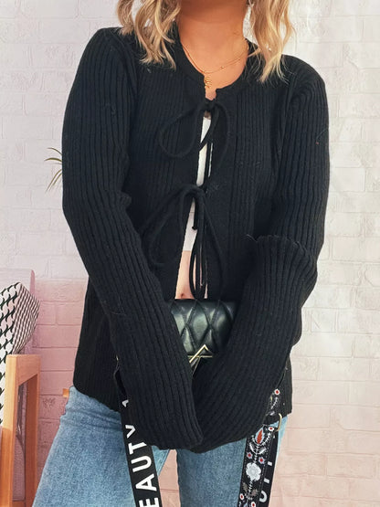 Ribbed Tie Front Long Sleeve Cardigan