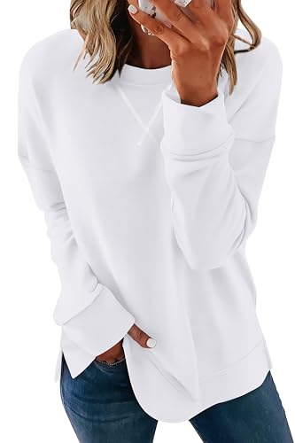 Womens Casual Loose Fit Sweatshirt Trendy Tops Crewneck Side Split Long Sleeve Shirts White