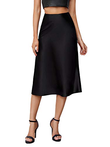 Cream Satin Skirt Outfit - Verdusa Womens Elegant High Waist Satin A Line Flared Midi Skirt Black