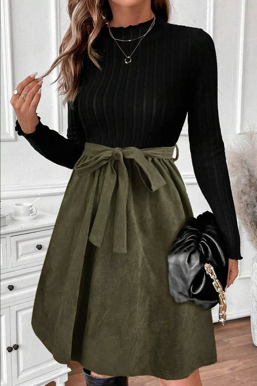 Ribbed Tie Waist A-Line Dress Black