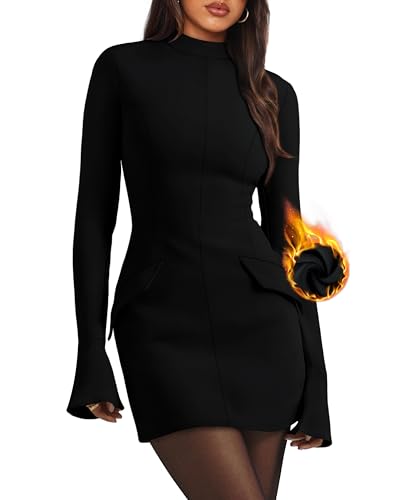 Christmas Party Dress - OFEEFAN Womens Fall Long Sleeve Mock Neck Dress Basic Party Club Bodycon Mini Dresses Black