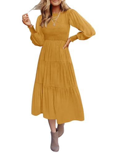 Christmas Green Dress - ZESICA Womens 2024 Casual Long Sleeve Crew Neck High Waist Smocked Flowy Tiered Midi Dress Ginger