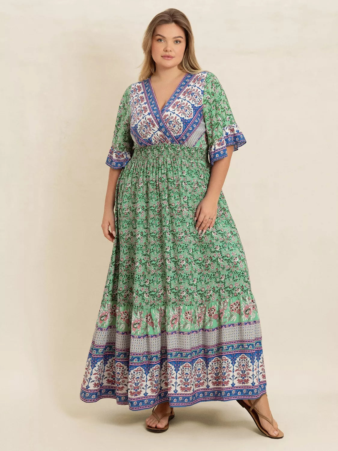 Plus Size Floral Print Smocked Waist Maxi Dress Green