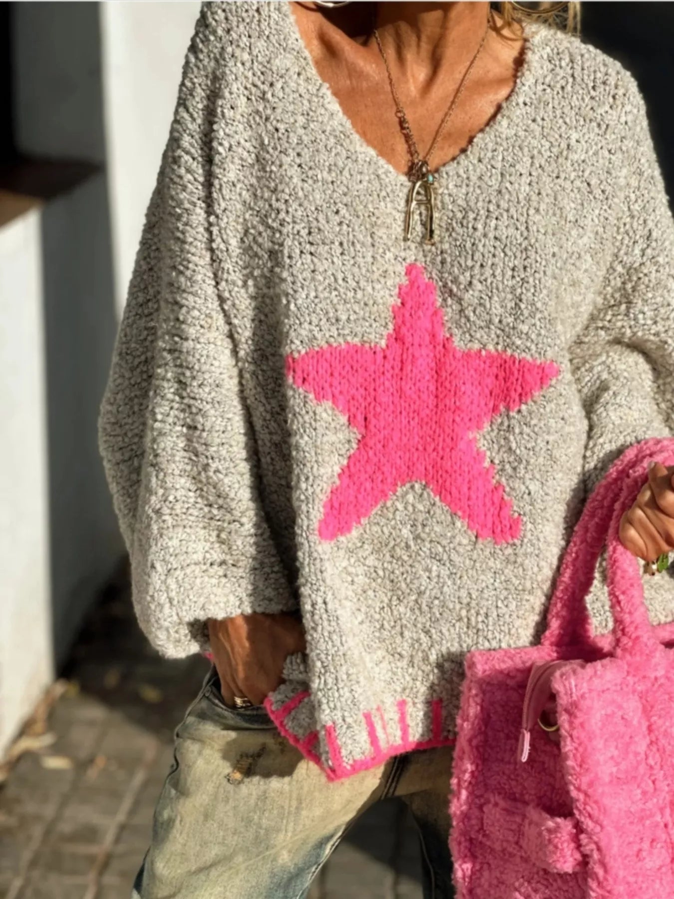 Star V-Neck Long Sleeve Sweater