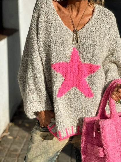 Star V-Neck Long Sleeve Sweater