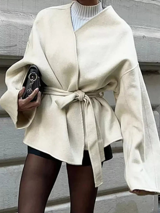 Surplice Tie Waist Dropped Shoulder Outerwear