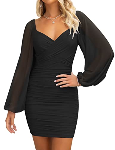 Christmas Party Dress - ZESICA Womens Sexy V Neck Ruched Bodycon Mini Dress Puff Long Sleeve Cocktail Wedding Party Short Dresses Black