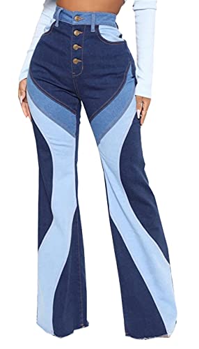 Celine Denim Pants - BestGirl Women's Baggy Jeans Pull On Stretchy Loose High Waisted Wide Leg Denim Pants Color Block
