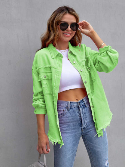 Distressed Drop Shoulder Denim Jacket Green Apple