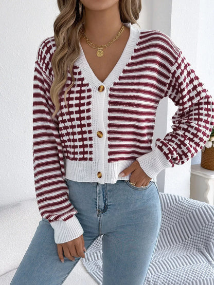 Striped Button-Up Cropped Cardigan