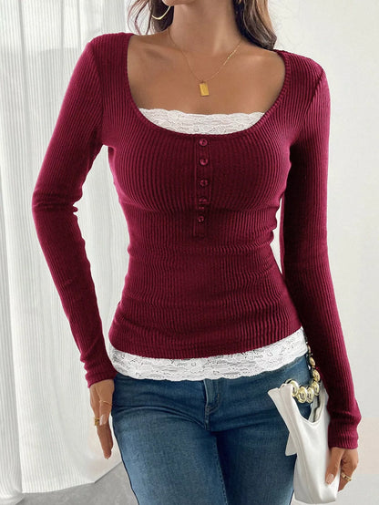 Lace Detail Long Sleeve Ribbed Top Burgundy