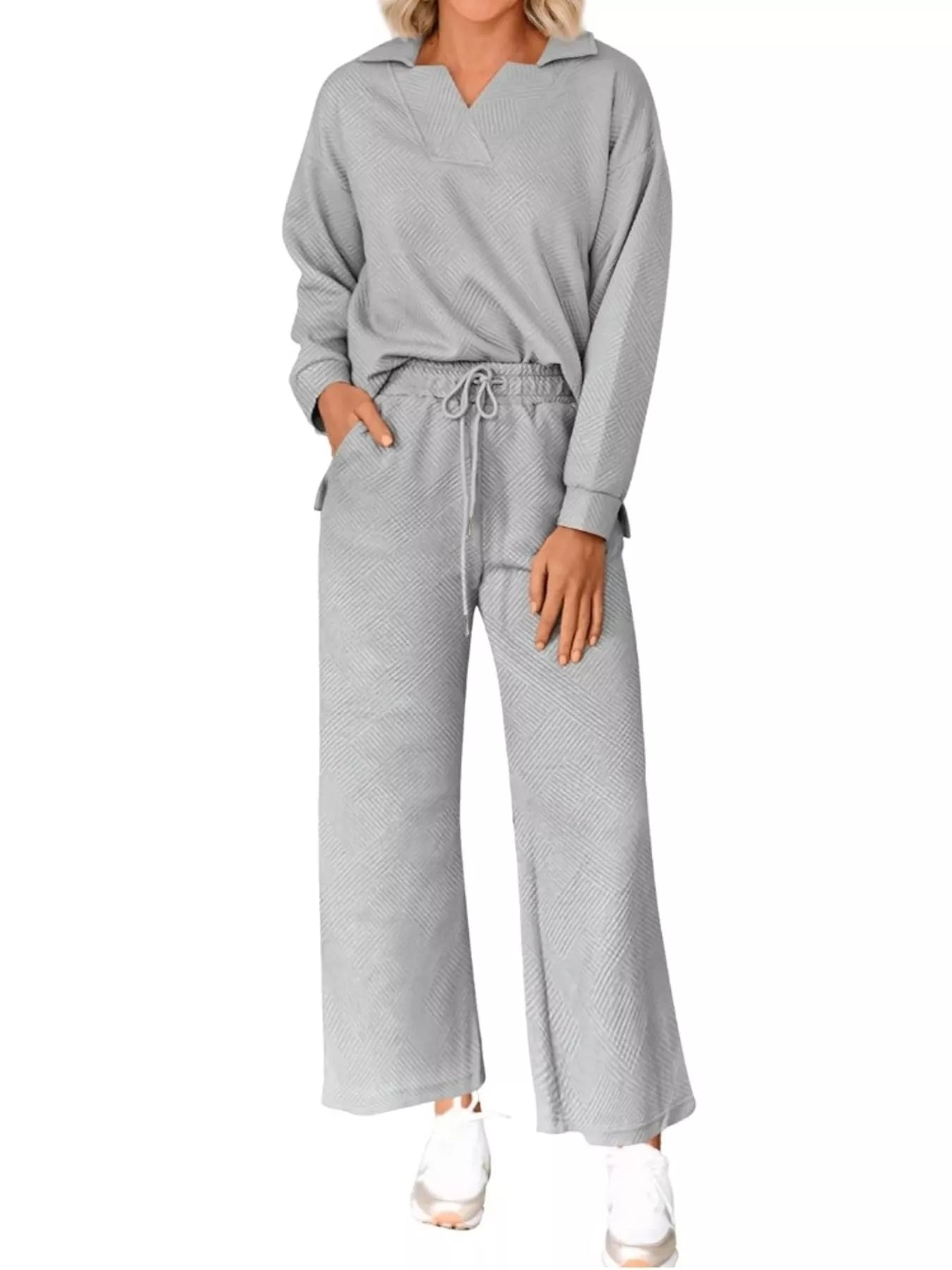 Side Slit Textured Top and Drawstring Pants Set
