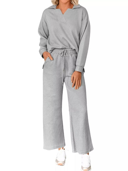 Side Slit Textured Top and Drawstring Pants Set