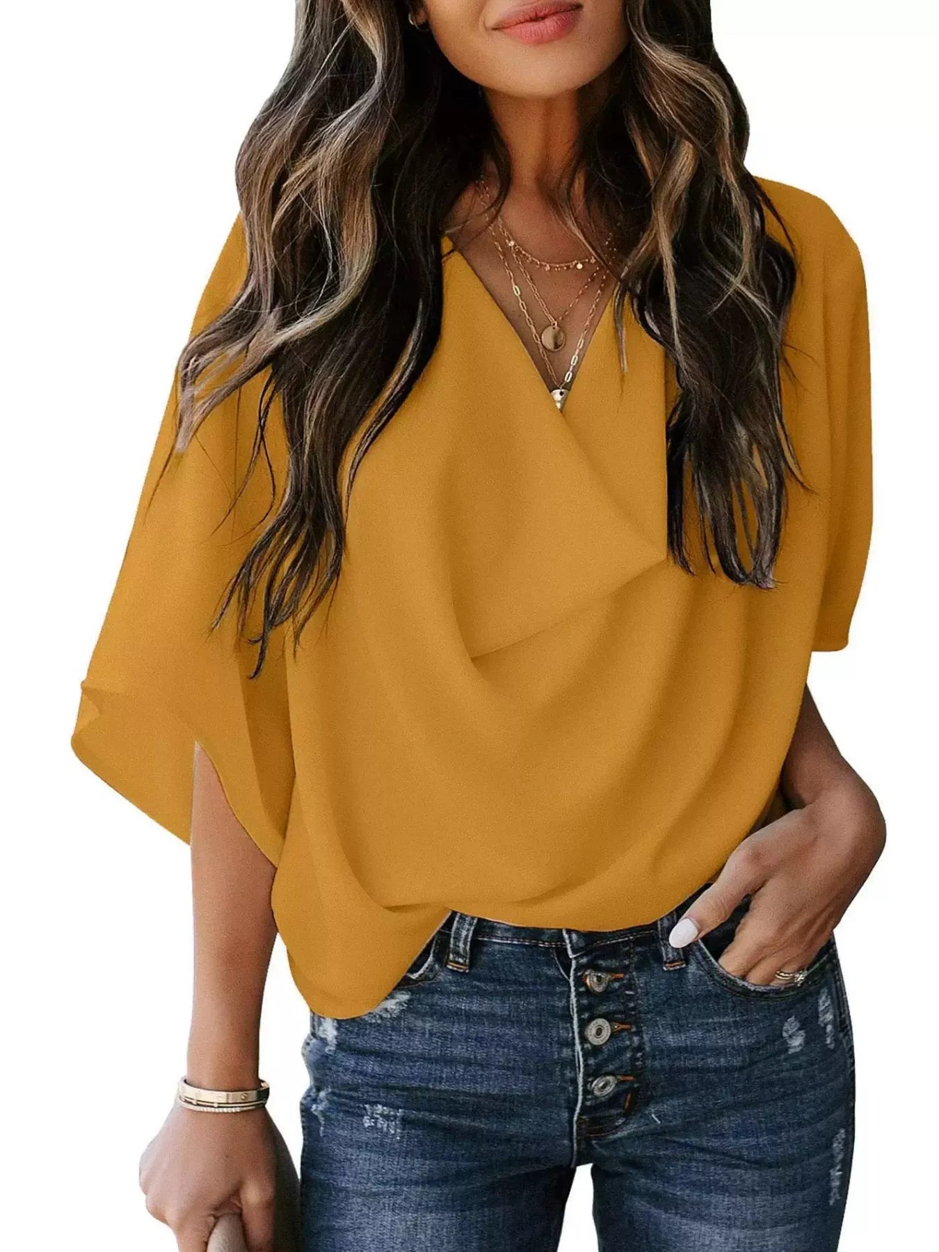 Full Size Half Sleeve Flowy Blouse Plus Size Yellow