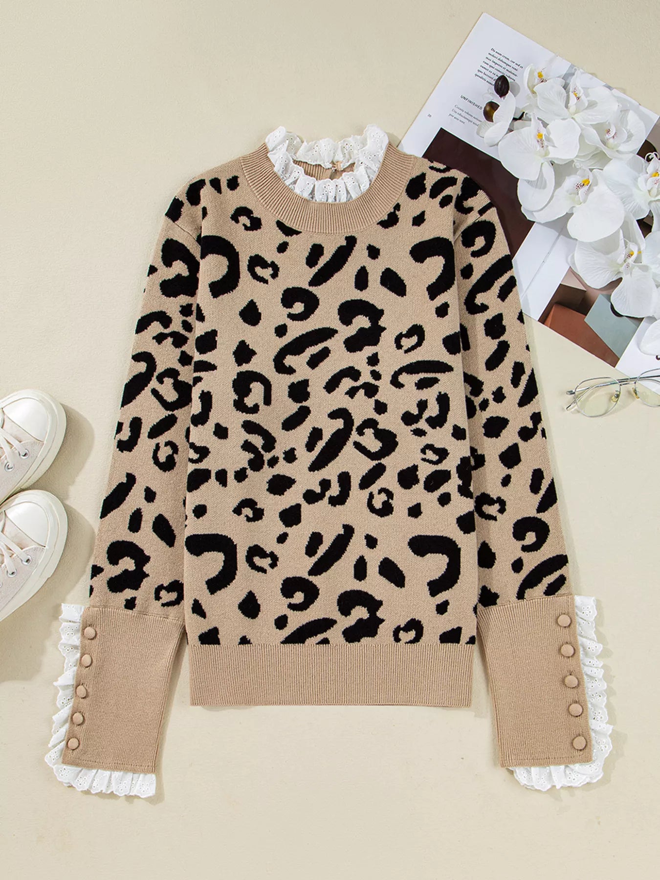Leopard Pattern Lace Ribbed Detail Button Cuffed Sweater