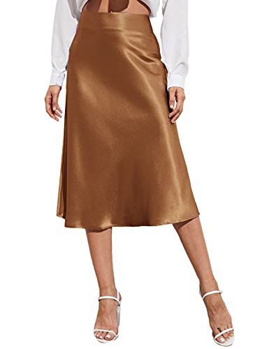 Cream Satin Skirt Outfit - Verdusa Womens Elegant High Waist Satin A Line Flared Midi Skirt Brown