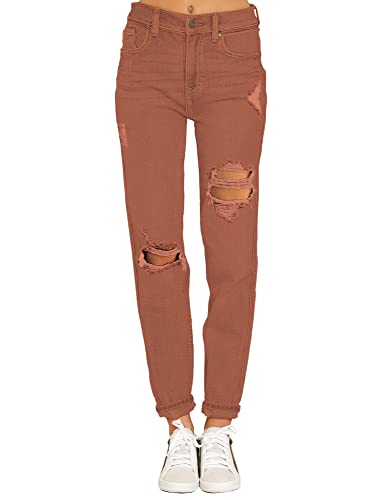 Mom Jeans - luvamia Boyfriend Jeans for Women Stretch High Waisted Ripped Distressed Mom Jeans Slim Denim Pants A1 Amber Brown