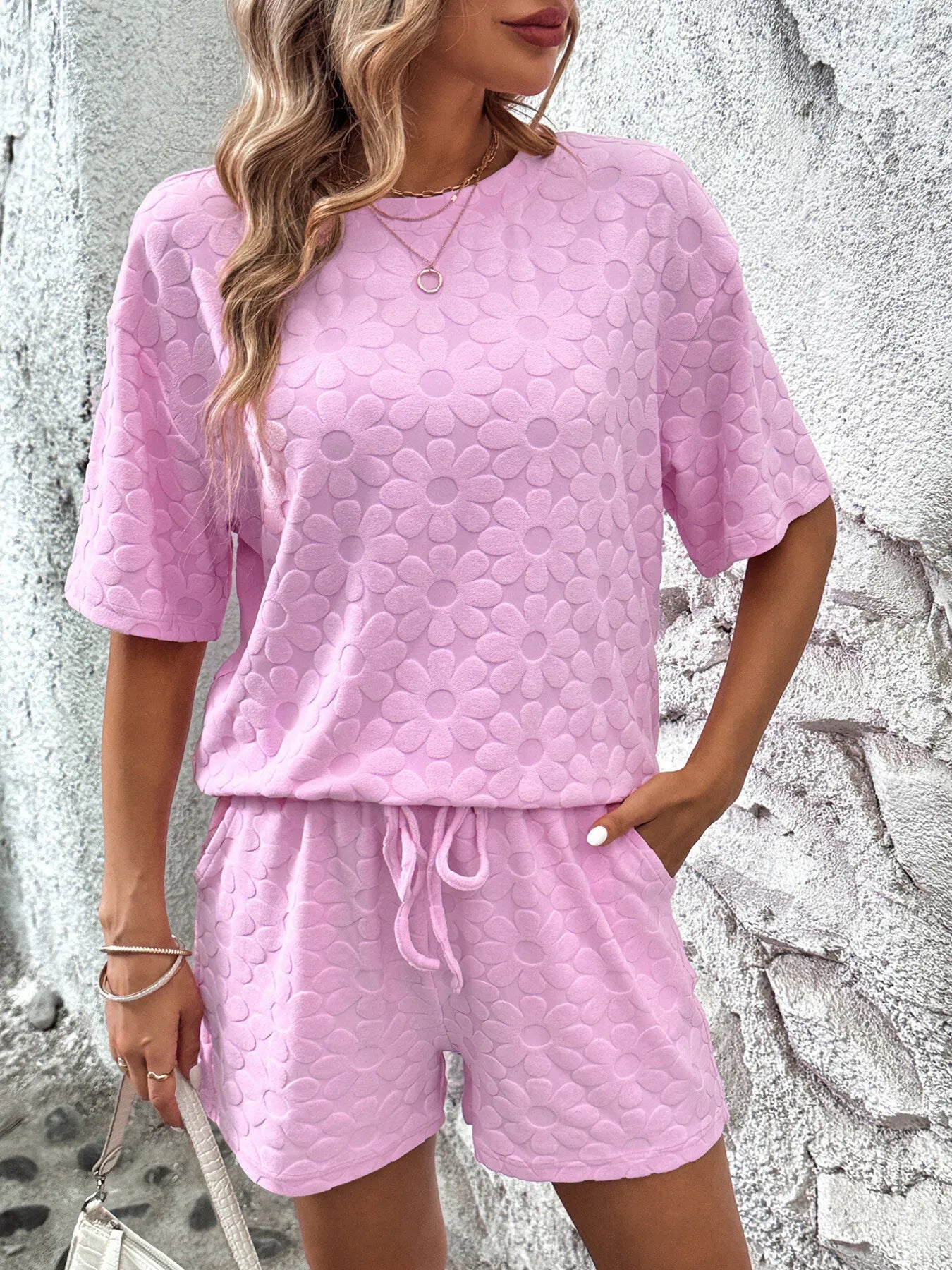 Flower Round Neck Top and Shorts Lounge Set Pink