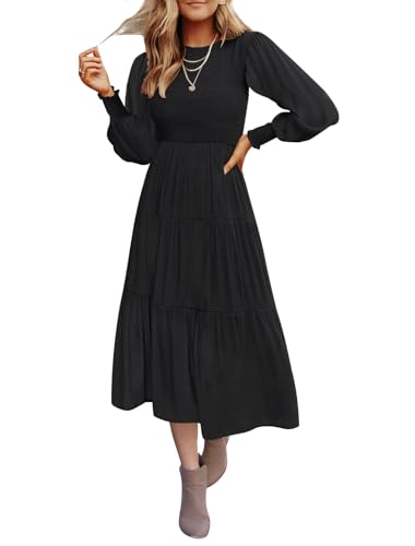 Christmas Green Dress - ZESICA Womens 2024 Casual Long Sleeve Crew Neck High Waist Smocked Flowy Tiered Midi Dress Pureblack