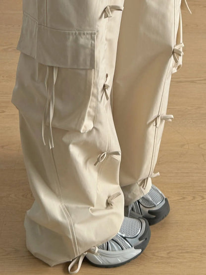 Bow Elastic Waist Cargo Pants