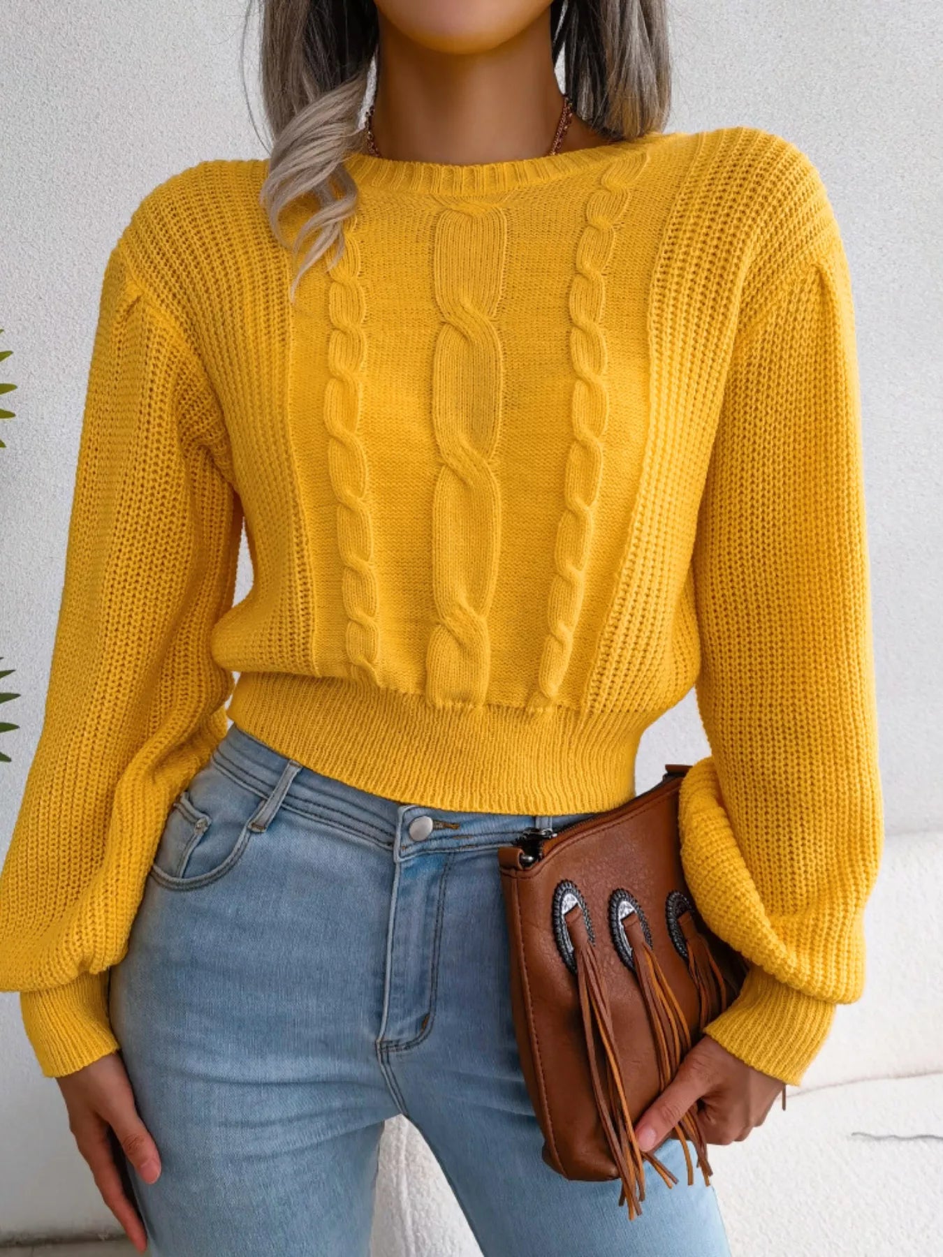 Cable Knit Round Neck Cropped Sweater