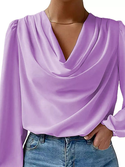 Full Size Cowl Neck Balloon Sleeve Blouse Plus Size Purple