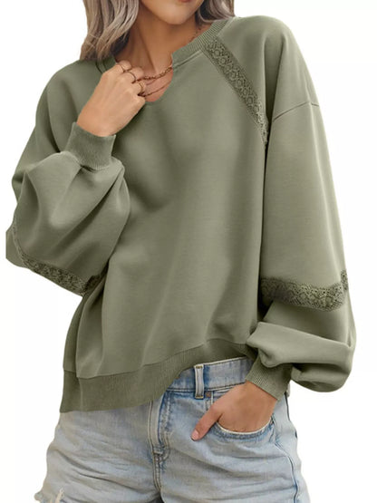 Lace Detail Notched Long Sleeve Sweatshirt Matcha Green