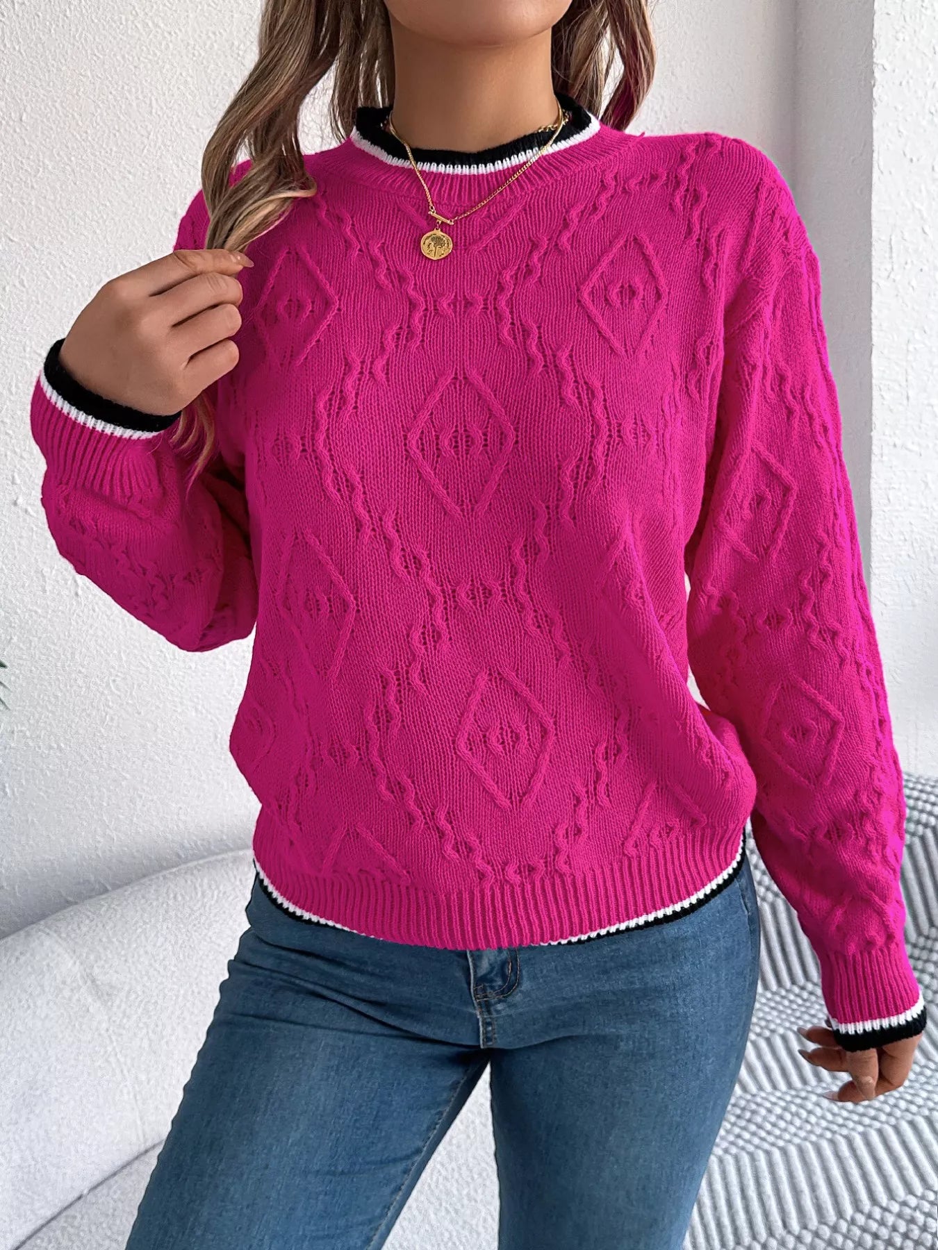 Contrast Trim Round Neck Sweater