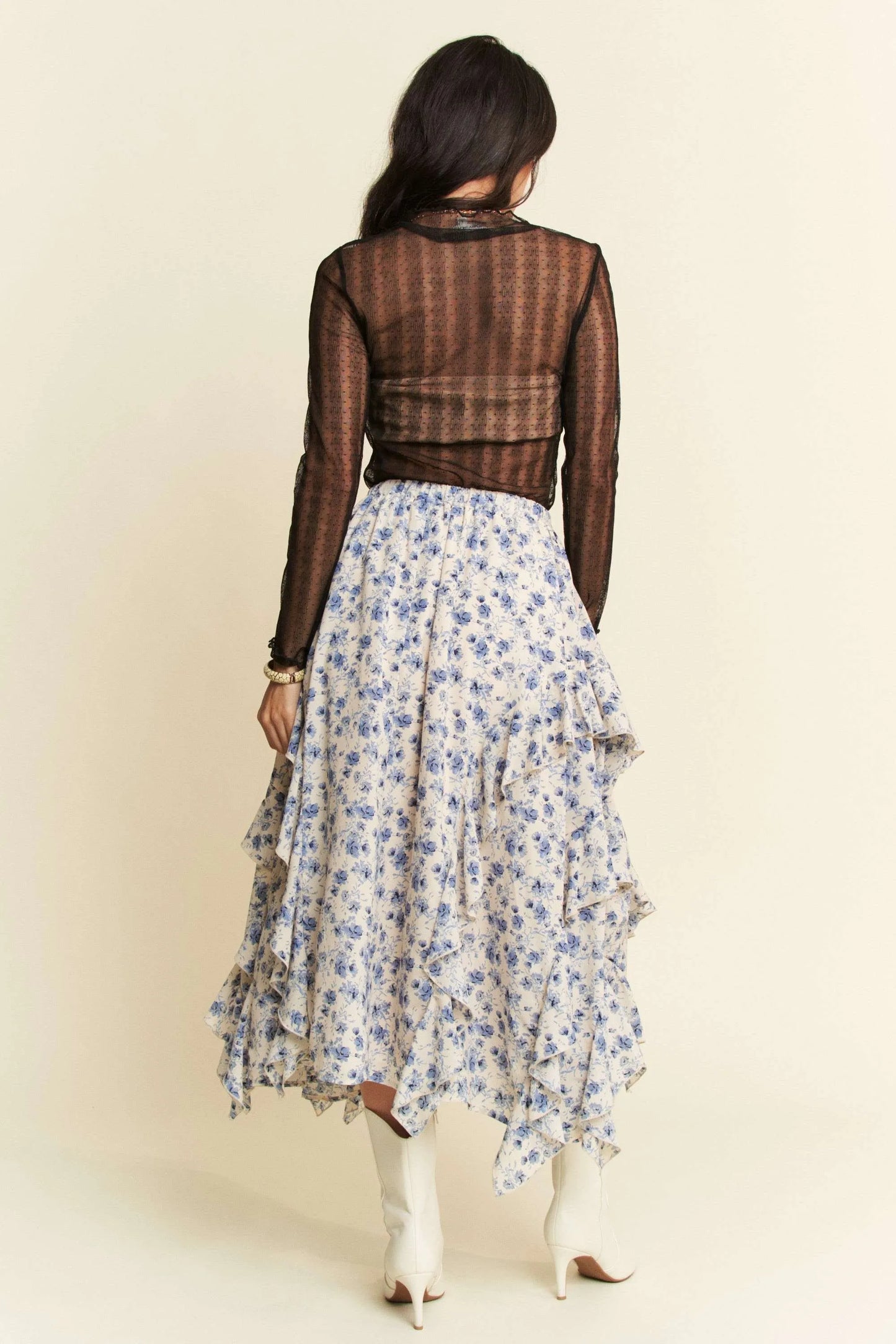 Davi & Dani Turtle Neck Lace Dotted Stretch Mesh Sheer Top