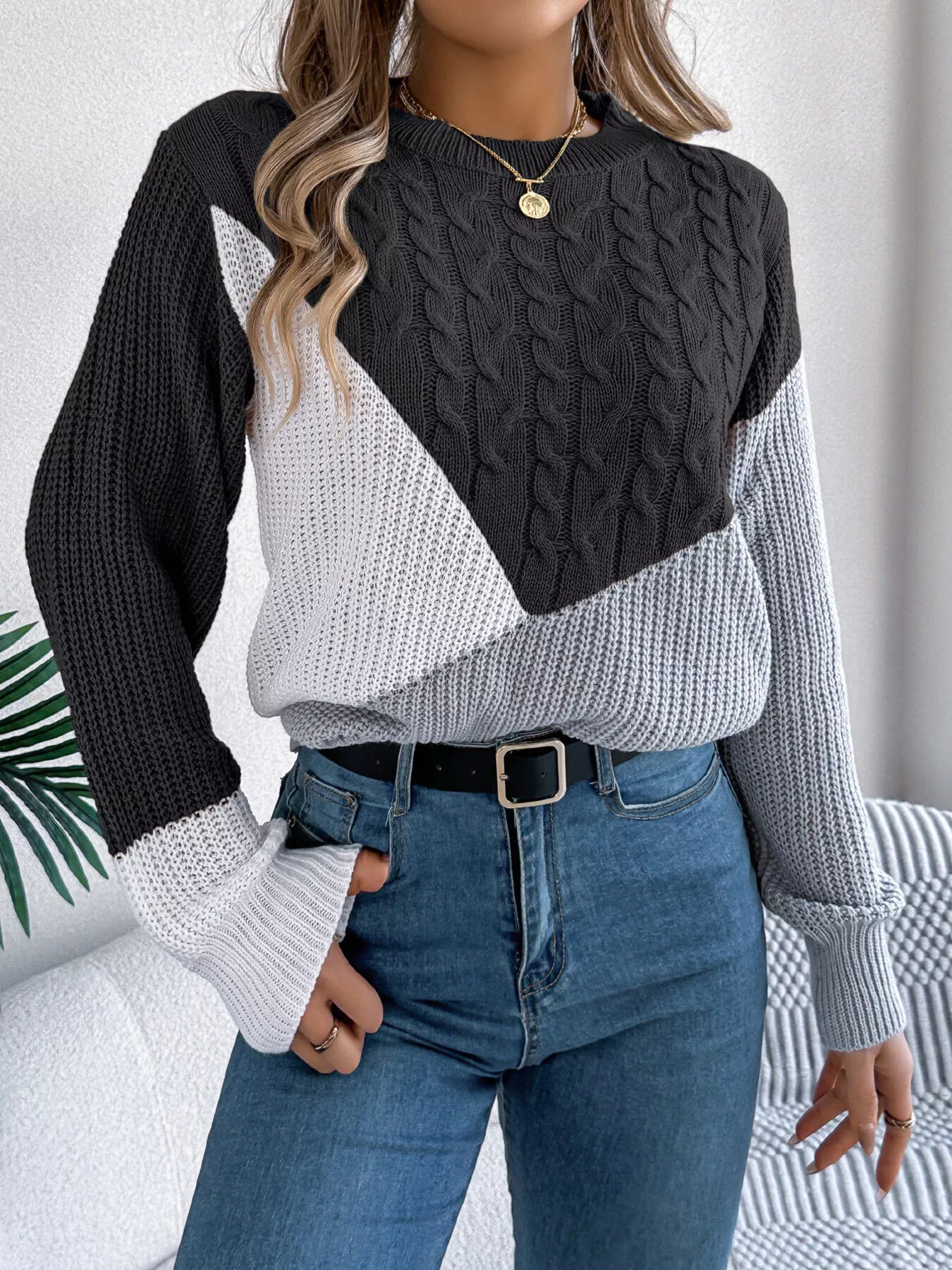 Color Block Cable Knit Long Sleeve Sweater