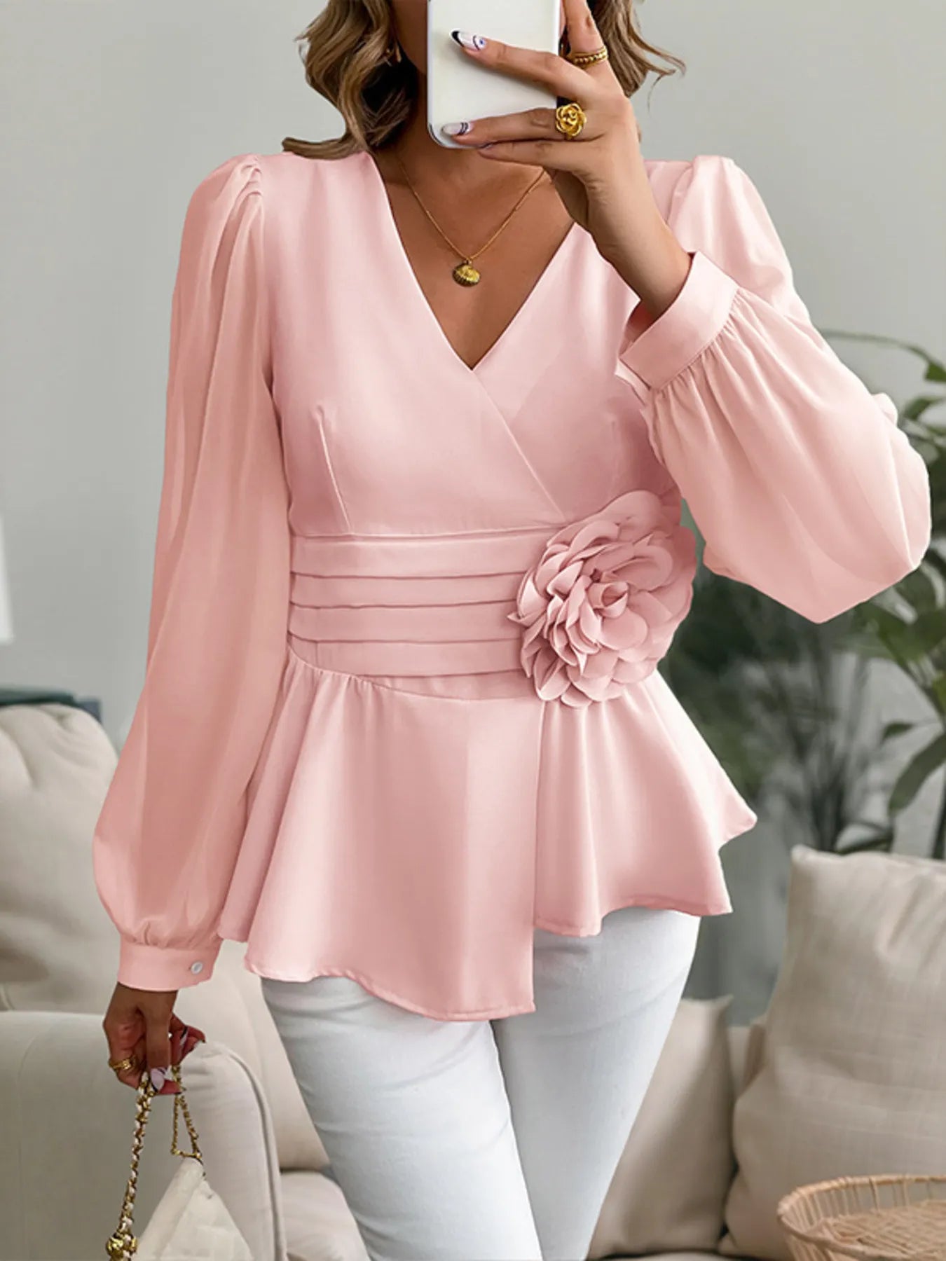 Flower Surplice Long Sleeve Blouse