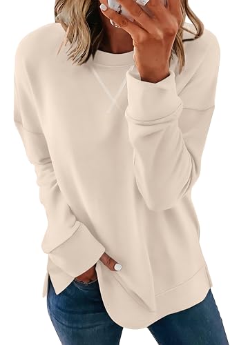 Womens Casual Loose Fit Sweatshirt Trendy Tops Crewneck Side Split Long Sleeve Shirts Apricot