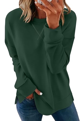 Womens Casual Loose Fit Sweatshirt Trendy Tops Crewneck Side Split Long Sleeve Shirts Green