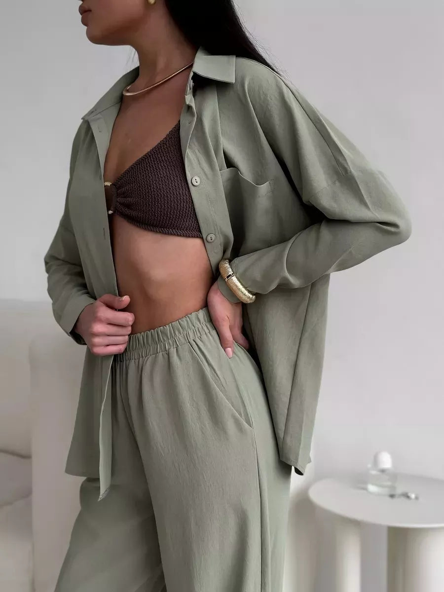 Button Up Long Sleeve Shirt and Pants Set Olive Green