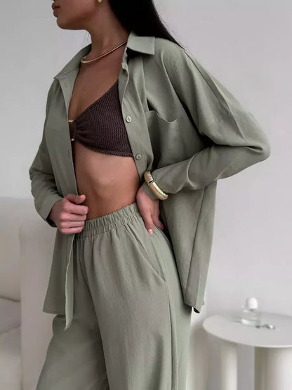 Button Up Long Sleeve Shirt and Pants Set Olive Green