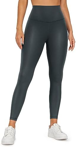 Leather Leggings - CRZ YOGA Butterluxe Matte Faux Leather Leggings for Women 25" - High Waisted Stretch Ankle Leather Pants Pleather Tights Faux Leather Melanite