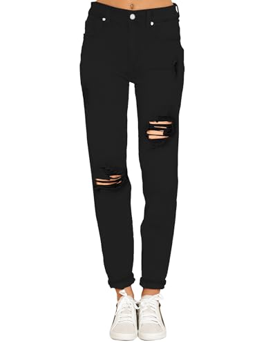 Mom Jeans - luvamia Boyfriend Jeans for Women Stretch High Waisted Ripped Distressed Mom Jeans Slim Denim Pants A1 True Black