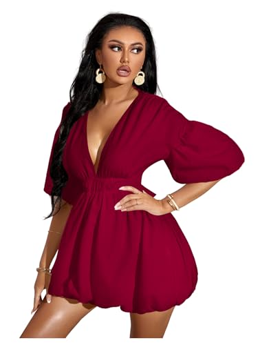 Sabrina Carpenter Yellow Dress - Women's Deep V Neck Puff Sleeve High Rise Flare Dress Elastic Waist Dress Burgundy Pure