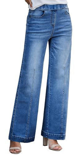 Celine Denim Pants - BestGirl Women's Baggy Jeans Pull On Stretchy Loose High Waisted Wide Leg Denim Pants D Blue